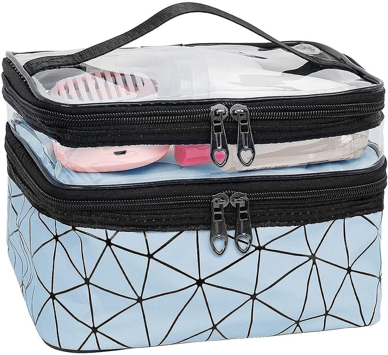 BluBasket Makeup Bag Double Layer Large Cosmetic Case Travel Make up Organizer Pouch Toiletry Bag Makeup Brush Bag for Women Girls Blue - Image 1