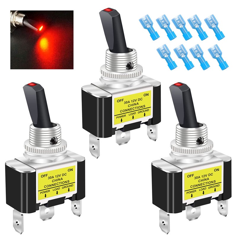 Twidec /3 قطع مفتاح تبديل مضيء من نوع الروكر 30A 12V DC SPST تشغيل/إيقاف 3 دبابيس للسيارات والقوارب مع ضوء LED أحمر مضيء - Image 1