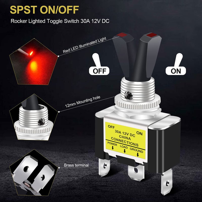 Twidec /3 قطع مفتاح تبديل مضيء من نوع الروكر 30A 12V DC SPST تشغيل/إيقاف 3 دبابيس للسيارات والقوارب مع ضوء LED أحمر مضيء - Image 2