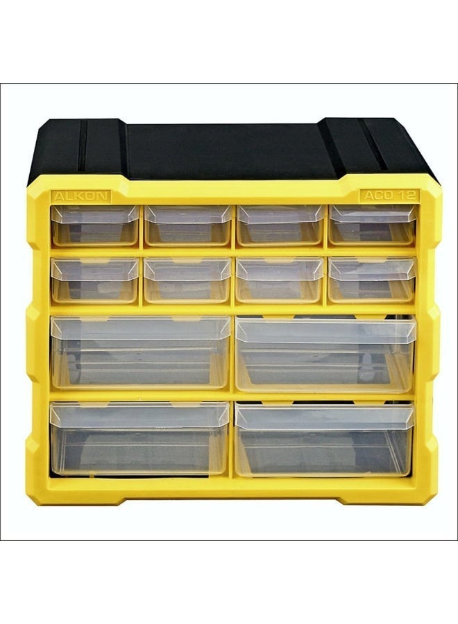 Alkon Plastic Component Organizer with 12 Drawers ACO 12 Small Parts Storage Unit | Organization Cabinet | Office Supplies | Stationary | Nuts, Screws & Bolts | Small Hardware | Workshop & Garage | DIY | Hobbies | Crafts | LEGO | Toys | Collectables | Sewing | Jewellery | Pharmacy | Medicine | Clinic | Hospital | Shop | Mobile | Electronics | Cables - Image 1