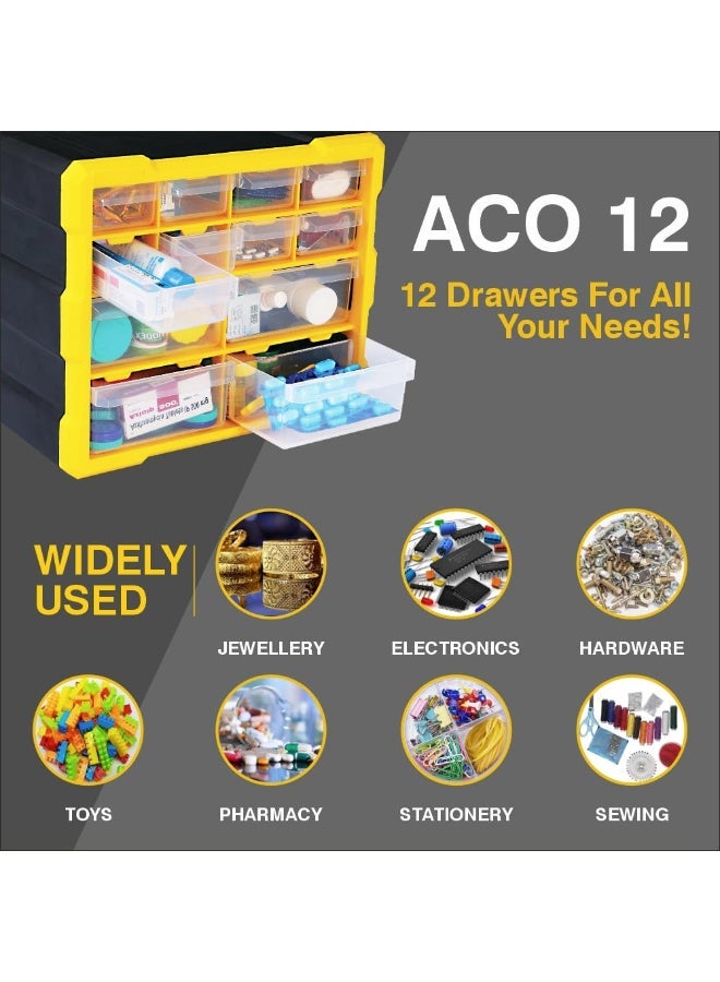 Alkon Plastic Component Organizer with 12 Drawers ACO 12 Small Parts Storage Unit | Organization Cabinet | Office Supplies | Stationary | Nuts, Screws & Bolts | Small Hardware | Workshop & Garage | DIY | Hobbies | Crafts | LEGO | Toys | Collectables | Sewing | Jewellery | Pharmacy | Medicine | Clinic | Hospital | Shop | Mobile | Electronics | Cables - Image 4