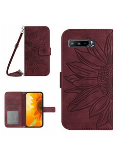 HuHa Case Cover For Asus ROG Phone 3 ZS661KS Skin Feel Sun Flower Pattern Flip Leather Phone Case with Lanyard Wine Red 