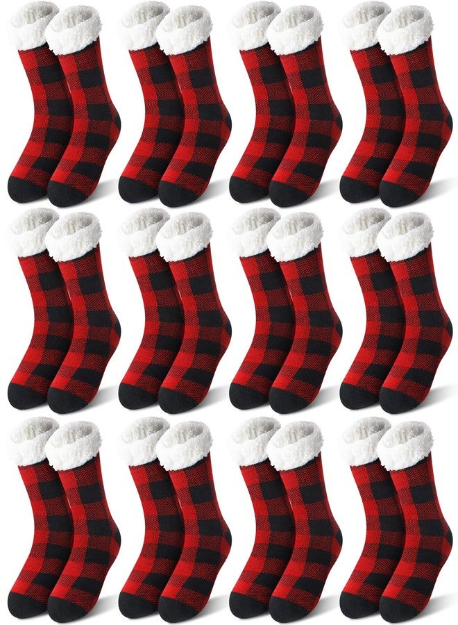 Cutecrop جوارب كيوت كروب الشتوية الناعمة والمضادة للانزلاق، 12 زوجًا، هدية مثالية لعيد الميلاد (بنقشة مربعات حمراء وسوداء). - Image 1