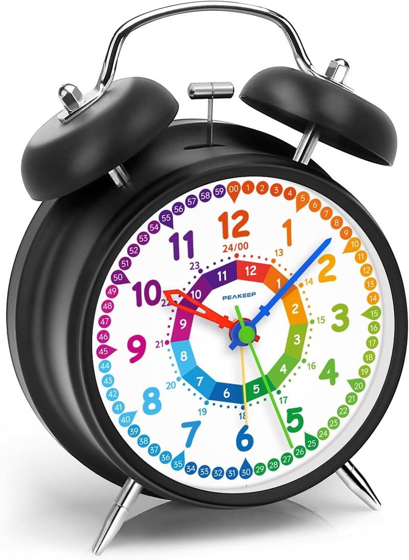 Peakeep Loud Alarm Clock for Kids Learning Telling Time Teaching Clock, 4.5" Rainbow-Colored Twin Bell Analog Alarm Clock Battery Operated for Heavy Sleepers Adults Teenagers Kids - Image 1