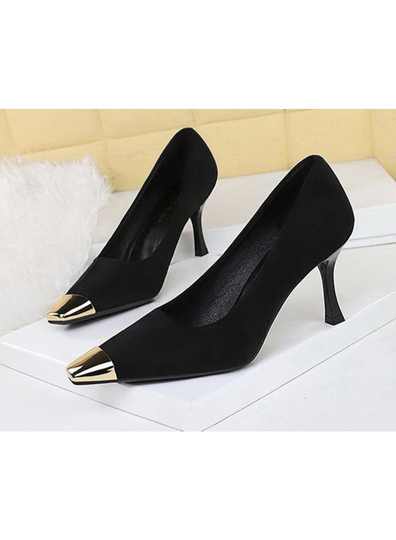 بيج تري المرأة المضخات المعدنية مغلقة مربع إصبع القدم الكعب العالي الحزب فستان الأحذية الأسود 7.5CM - Image 1