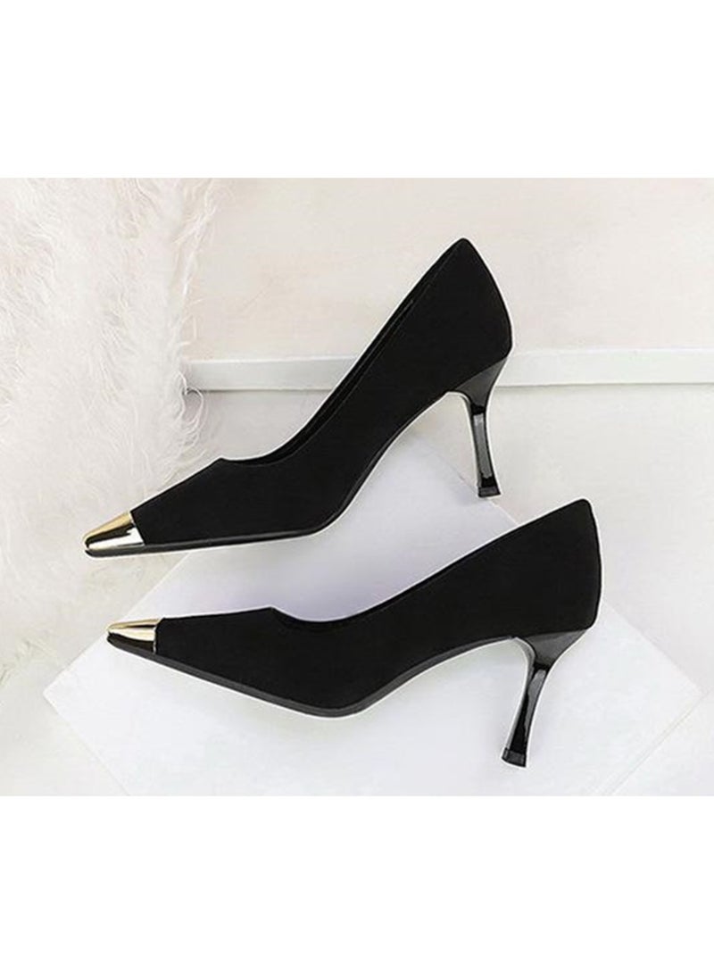 بيج تري المرأة المضخات المعدنية مغلقة مربع إصبع القدم الكعب العالي الحزب فستان الأحذية الأسود 7.5CM - Image 3