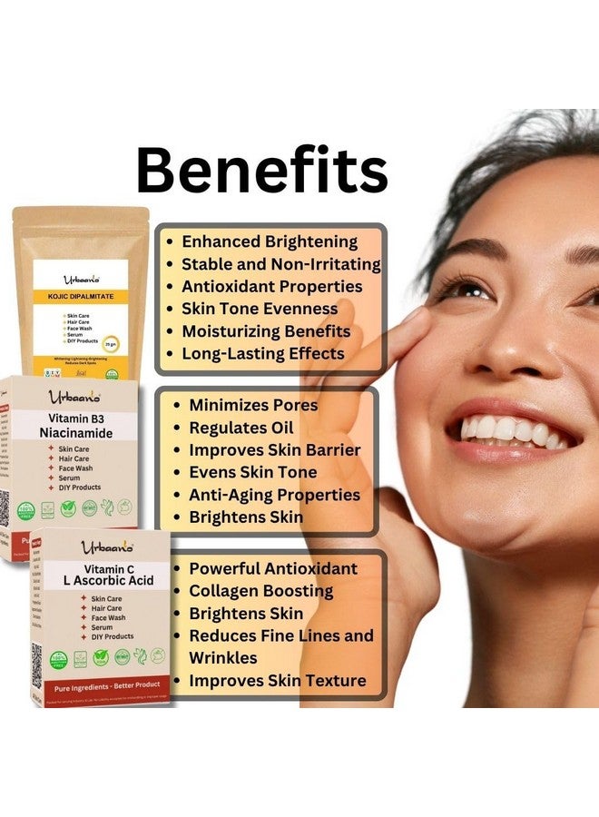 Urbaano herbal Niacinamide, Kojic Acid Dipalmitate & L Ascorbic Acid Powder for Making DIY Skin Care Products - Minimize Pores, Dark Spots, Balance Oil Production (Niacin - 100gm, Kojic - 50gm, Ascorbic - 100gm) - Image 2
