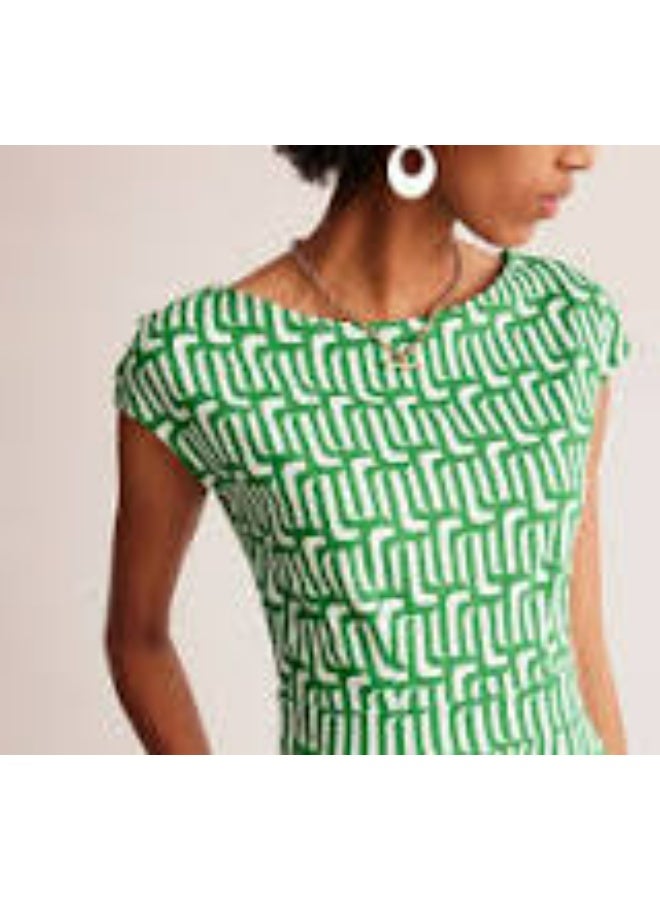 Boden Florrie Cotton Jersey Dress, Green Geometric Print - Image 1