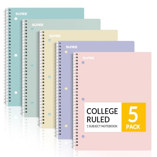 SUNEE Spiral Notebooks, 1-Subject, 5 Pack, College Ruled Paper, 8" x 10-1/2", 70 Sheets per Notebook,3-Hole Punched Paper, Pink,Purple, Blue, Green, Yellow Spiral Lined Notebooks for School,Work - Image 1