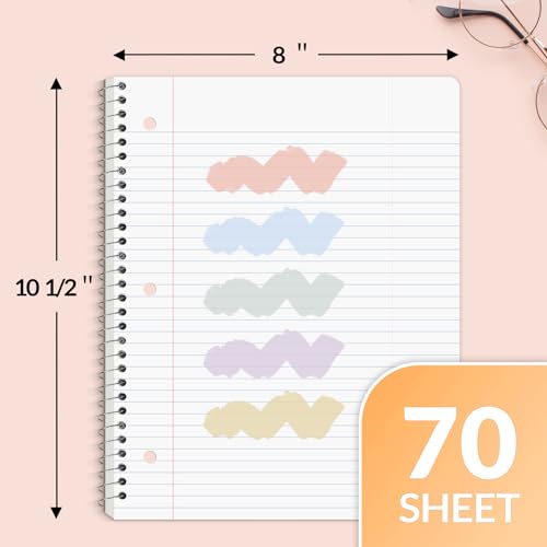 SUNEE Spiral Notebooks, 1-Subject, 5 Pack, College Ruled Paper, 8" x 10-1/2", 70 Sheets per Notebook,3-Hole Punched Paper, Pink,Purple, Blue, Green, Yellow Spiral Lined Notebooks for School,Work - Image 2