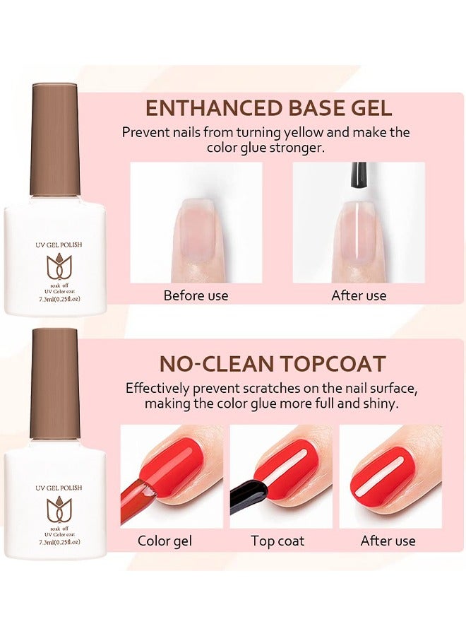 HS 2PCS No Wipe Gel Top Coat And Base Coat Set 7.3ML Soak Off UV LED Clear Gel Base Top Gel Glossy Shine Finish Long Lasting Gel Polish Base Art Starter Manicure Salon DIY At Home - Image 2