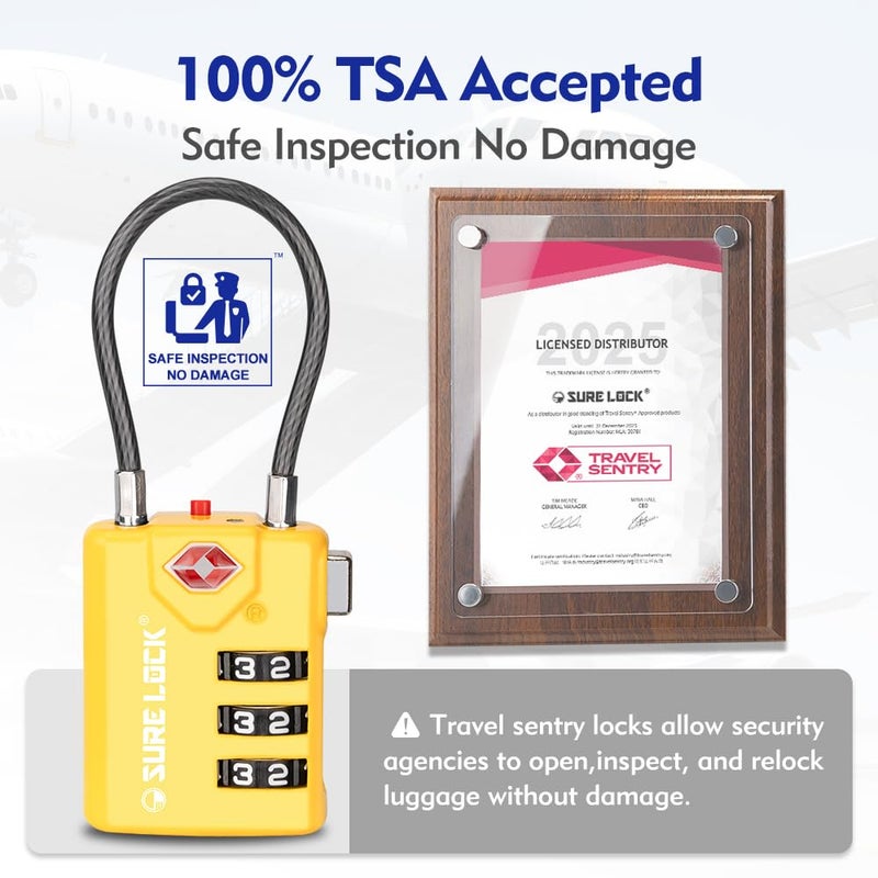 SURE LOCK TSA Compatible Travel Luggage Locks, Inspection Indicator, Easy Read Dials TSA Approved with Zinc Alloy (2, Yellow) - Image 2