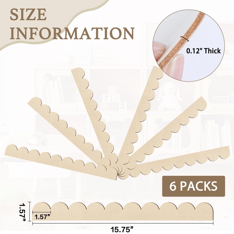 Hamminy Scalloped Decorative Wood Trim Unfinished Scalloped Edge Wooden Molding Cute DIY Moulding Trims for Cabinet Window Shelf Door Wall, 15.74 x 1.57 Inch, 6 Pack - Image 2