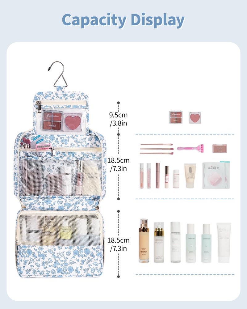 Narwey Small Hanging Travel Toiletry Bag for Women, Travel Bag for Toiletries, Floral Makeup Bag Organizer Cute Cosmetic Bags Make Up Bags for Girls (Blue Flower) - Image 3