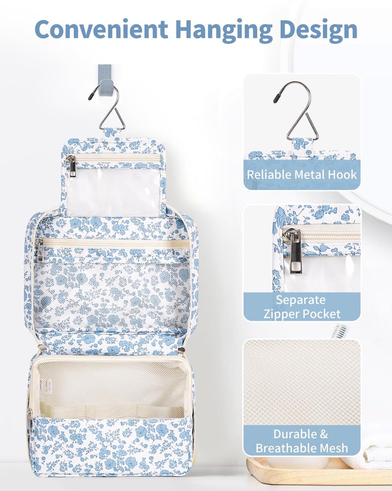 Narwey Small Hanging Travel Toiletry Bag for Women, Travel Bag for Toiletries, Floral Makeup Bag Organizer Cute Cosmetic Bags Make Up Bags for Girls (Blue Flower) - Image 2