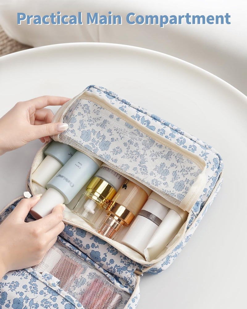 Narwey Small Hanging Travel Toiletry Bag for Women, Travel Bag for Toiletries, Floral Makeup Bag Organizer Cute Cosmetic Bags Make Up Bags for Girls (Blue Flower) - Image 5