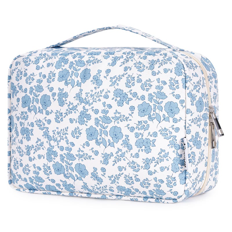 Narwey Small Hanging Travel Toiletry Bag for Women, Travel Bag for Toiletries, Floral Makeup Bag Organizer Cute Cosmetic Bags Make Up Bags for Girls (Blue Flower) - Image 1