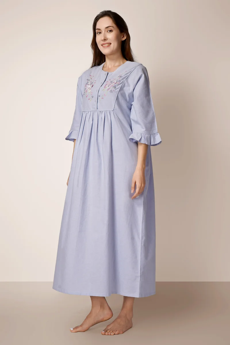 After Dark Kimberly, Oxford Chambray Cotton Nightdress with Embroidery