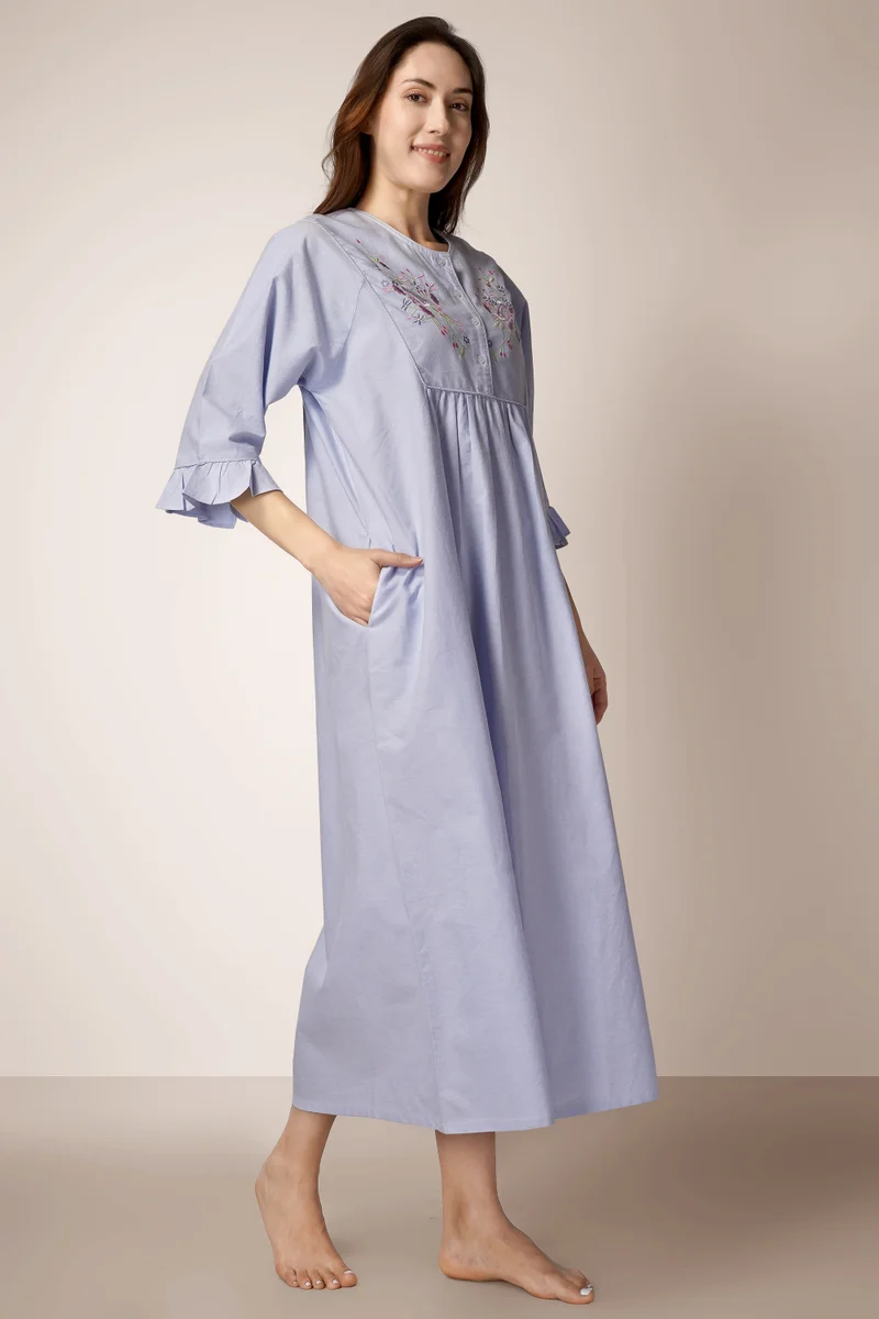 After Dark Kimberly, Oxford Chambray Cotton Nightdress with Embroidery