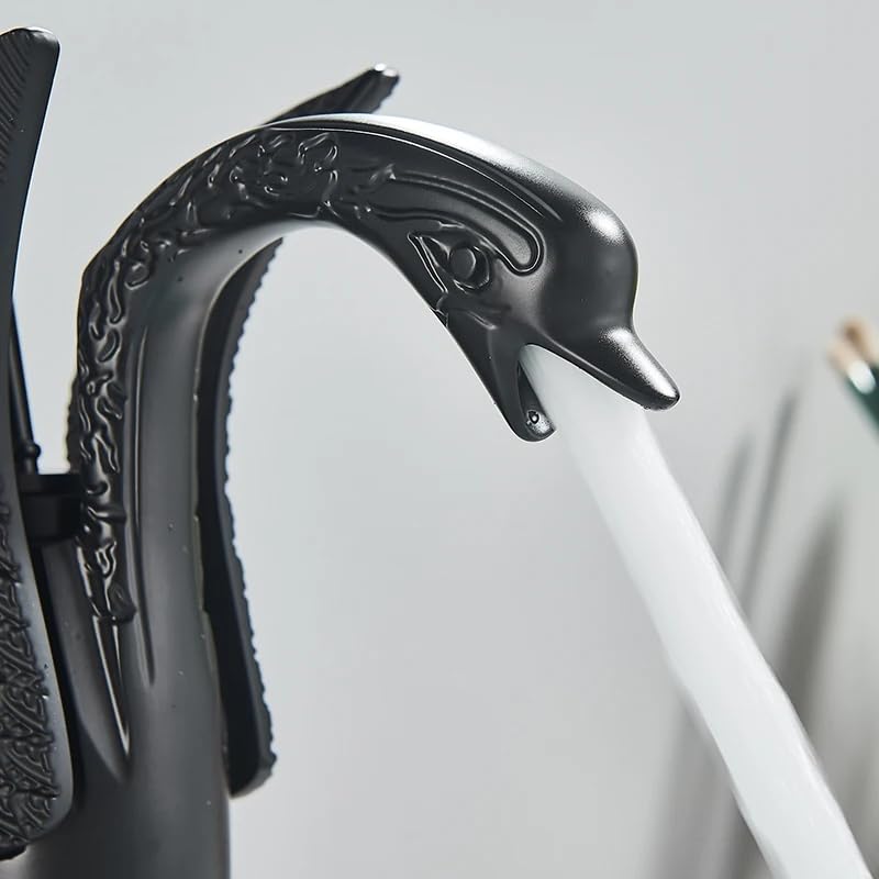 B Backline Brass Swan Shape Bathroom Sink Wash Basin Mixer Tap Single Handle Hot & Cold Waterfall Lavatory Sink Faucet for Living Room & Bathroom (Black Tap Short) - Image 2