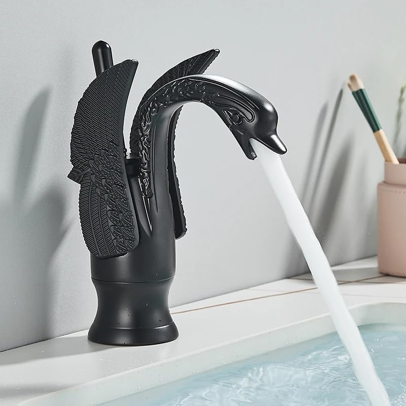 B Backline Brass Swan Shape Bathroom Sink Wash Basin Mixer Tap Single Handle Hot & Cold Waterfall Lavatory Sink Faucet for Living Room & Bathroom (Black Tap Short) - Image 1