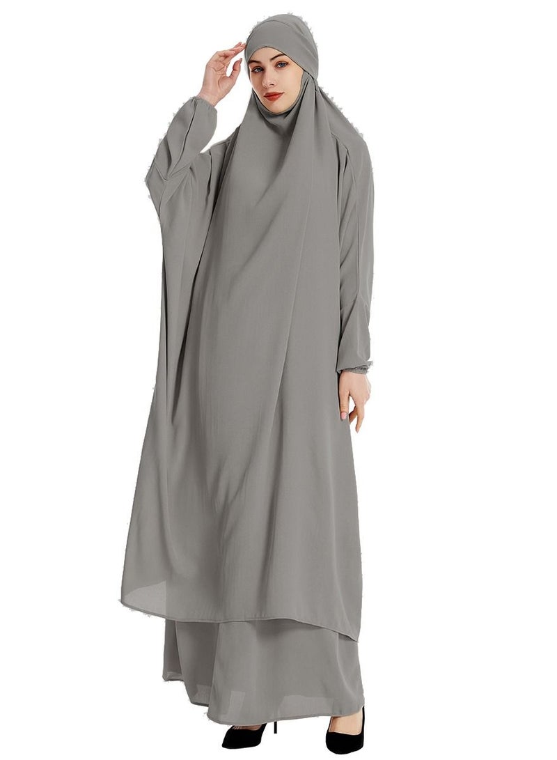 إسكدنيا Women's 2-Piece Solid Color Abaya Set Batwing Sleeve Abaya Thobe Robe And Half Skirt Suit Grey  - Image 1