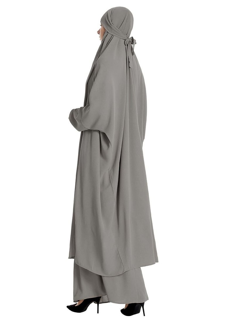 إسكدنيا Women's 2-Piece Solid Color Abaya Set Batwing Sleeve Abaya Thobe Robe And Half Skirt Suit Grey  - Image 2