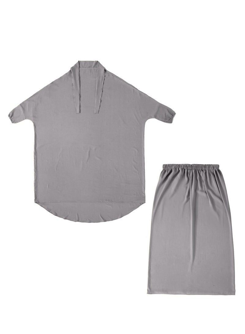 إسكدنيا Women's 2-Piece Solid Color Abaya Set Batwing Sleeve Abaya Thobe Robe And Half Skirt Suit Grey  - Image 3