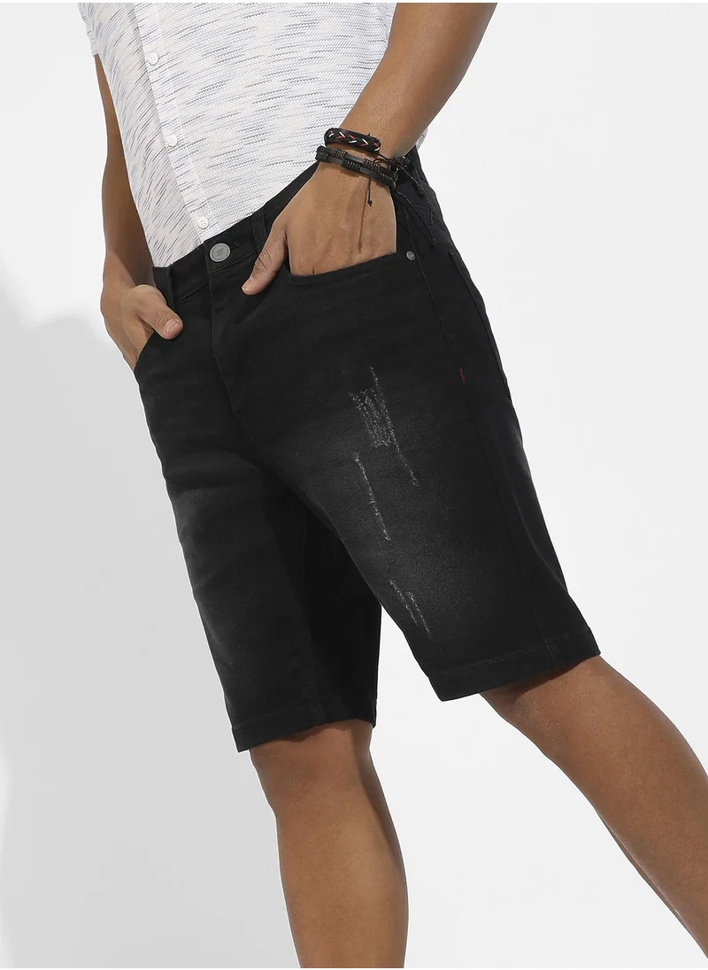 Campus Sutra Men's Black Distressed Denim Shorts