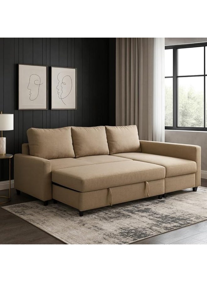 AL Zakharef Furniture | Diwan 3-Seater MDF Wood Sofa Cum Bed with Storage | Convertible L-Shape Corner Sofa Bed with Free Cushion | Space-Saving Sofa for Living Room & Apartment – Beige - Image 1