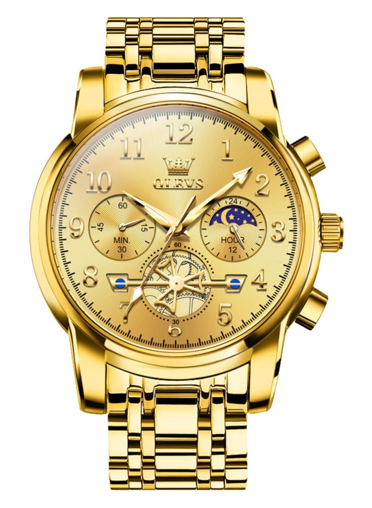 OLEVS Moon Phase Watch For Men Stainless Steel Waterpoof Luminous Fashion Skeleton Chronograph Quartz Wrist Watch for Men - Image 2