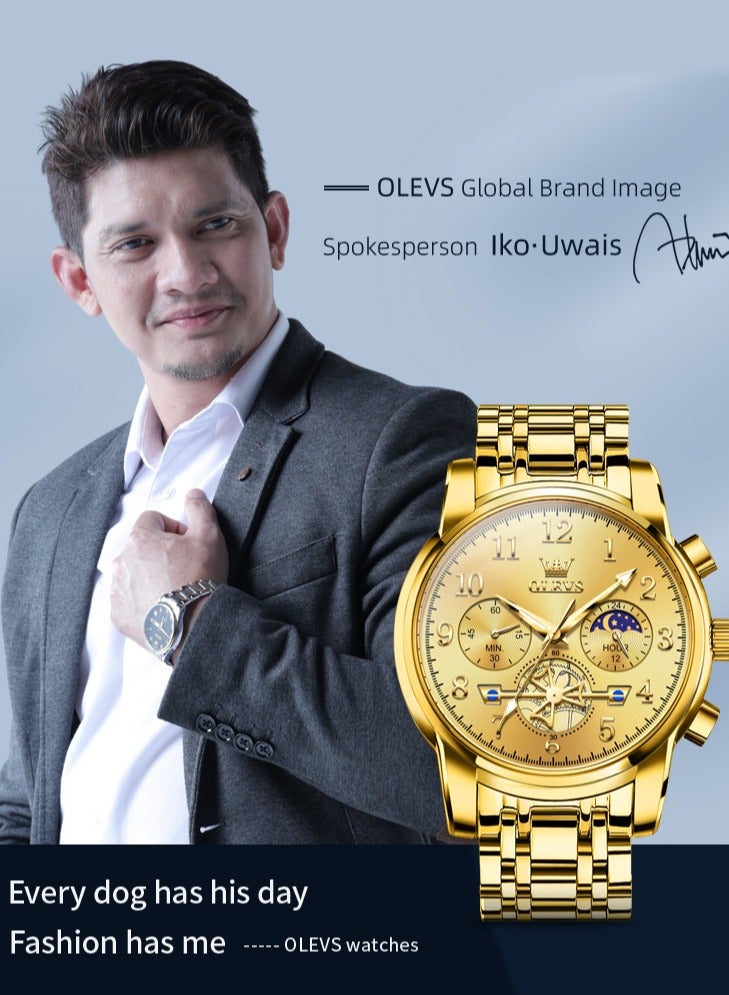OLEVS Moon Phase Watch For Men Stainless Steel Waterpoof Luminous Fashion Skeleton Chronograph Quartz Wrist Watch for Men - Image 3