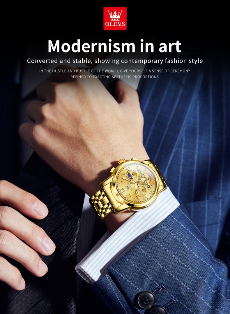 OLEVS Moon Phase Watch For Men Stainless Steel Waterpoof Luminous Fashion Skeleton Chronograph Quartz Wrist Watch for Men - Image 4