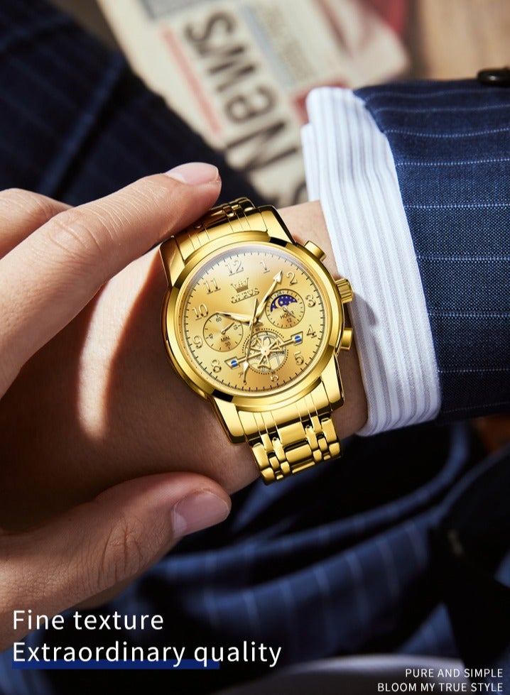 OLEVS Moon Phase Watch For Men Stainless Steel Waterpoof Luminous Fashion Skeleton Chronograph Quartz Wrist Watch for Men - Image 5