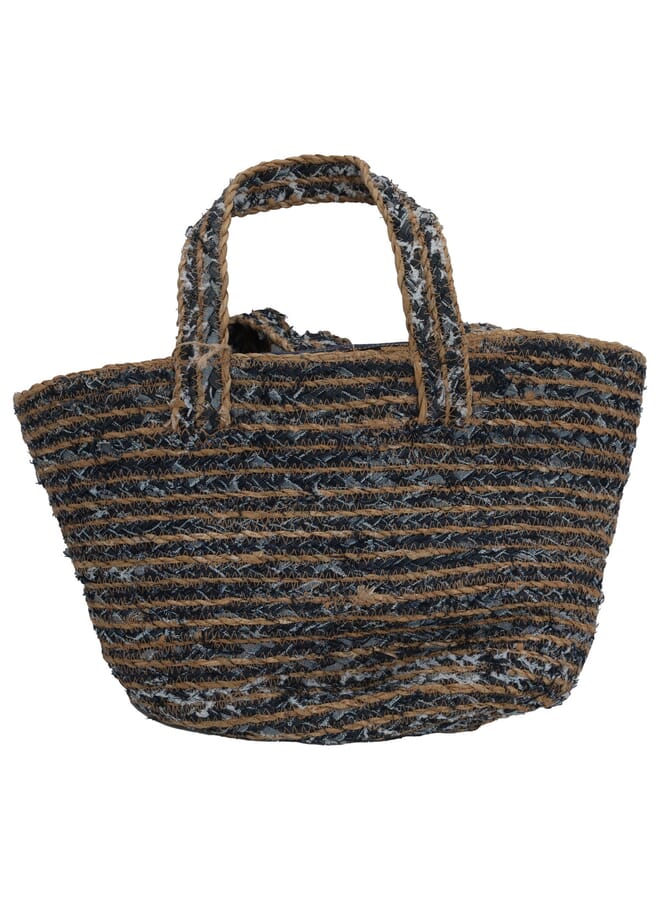 Alsaif Gallery Beige wicker bag with blue fabric handle - Image 1