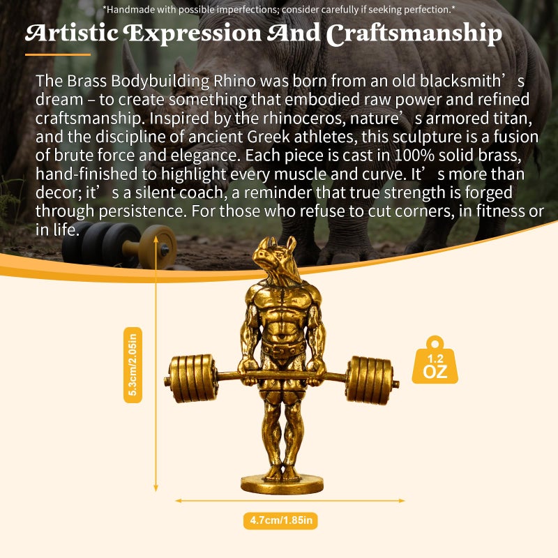 CHOVY 100% Solid Brass Bodybuilding Rhino Sculpture - Handcrafted Weightlifting Animal Statue, Vintage Gym & Fitness Decor, Masculine Office Desk Art, Unique Gift for Bodybuilders & Collectors - Image 3