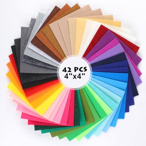 TBUKEOM Felt Sheets for Crafts 42pack: 4x4in Assorted Colors Nonwoven Fabric Squares Felt for DIY Sewing Patchwork Card Making and Art Projects - 1mm Thick Felt Easy to Cut Sewing - Image 1