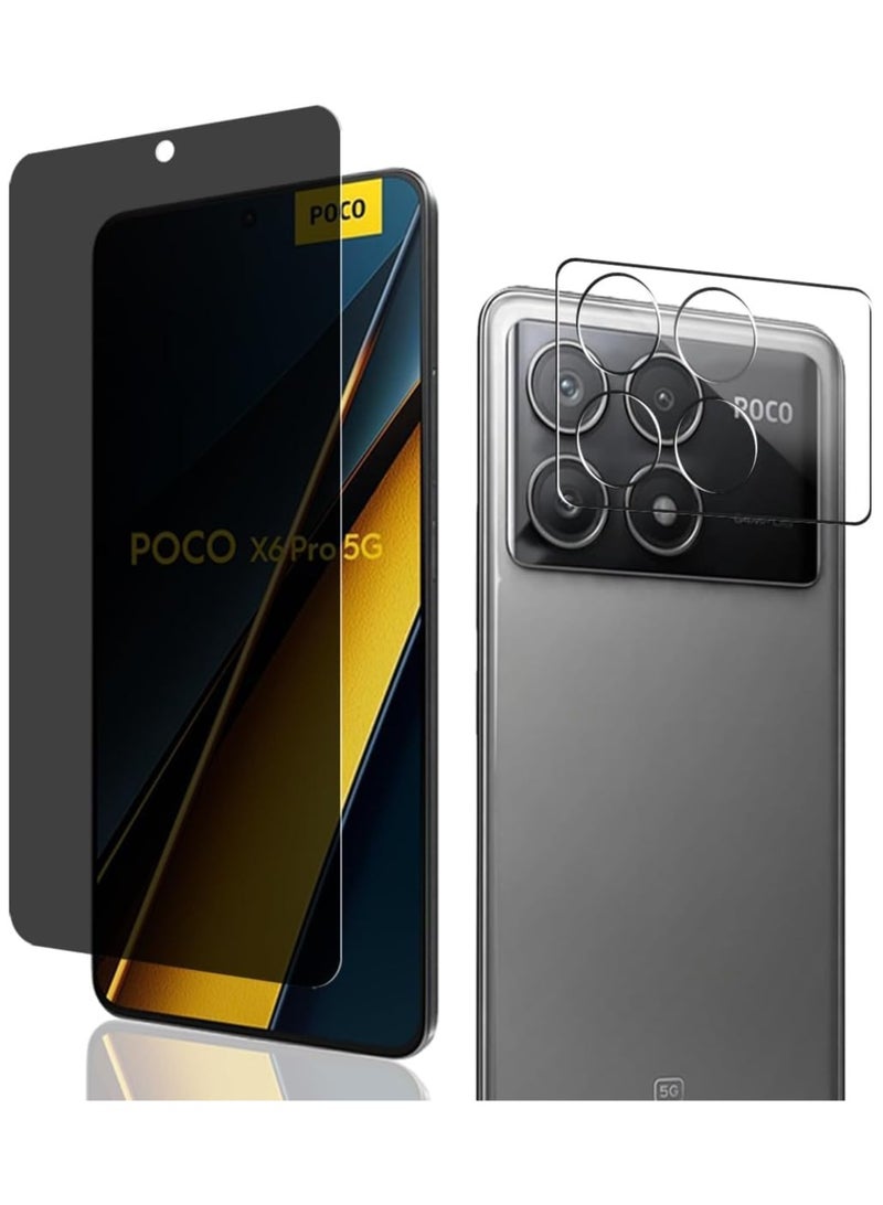 Screen Protector Compatible with Xiaomi Poco X6 Pro, 2 Pack Anti Spy Tempered Glass + 1 Pack Camera Lens Protector, HD 9H Hardness Anti-Scratc No Bubble Screen Protector - Image 1