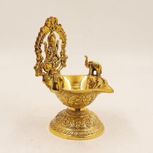 Spillbox Traditional Brass Gajalakshmi Diya for Puja Deepam Oil Lamp for Home|Temple Devi Maa | Hindu Goddness of Wealth & Prosperity[W: 390g]- Namah Gajalakshmi Diya - Image 5