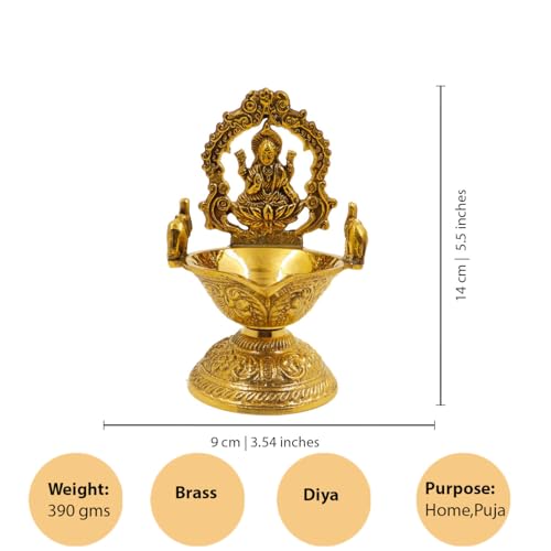 Spillbox Traditional Brass Gajalakshmi Diya for Puja Deepam Oil Lamp for Home|Temple Devi Maa | Hindu Goddness of Wealth & Prosperity[W: 390g]- Namah Gajalakshmi Diya - Image 4