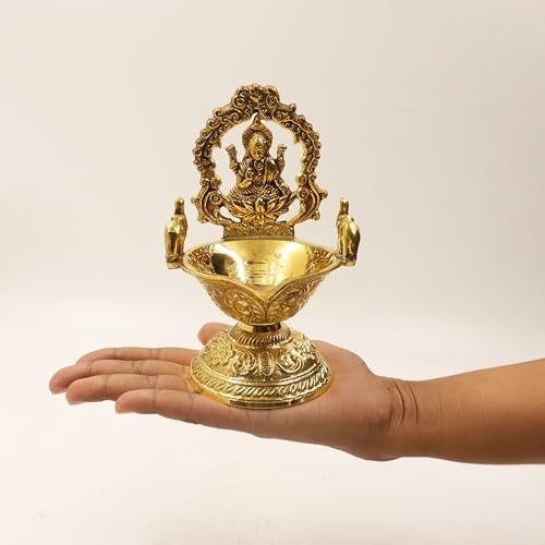 Spillbox Traditional Brass Gajalakshmi Diya for Puja Deepam Oil Lamp for Home|Temple Devi Maa | Hindu Goddness of Wealth & Prosperity[W: 390g]- Namah Gajalakshmi Diya - Image 3