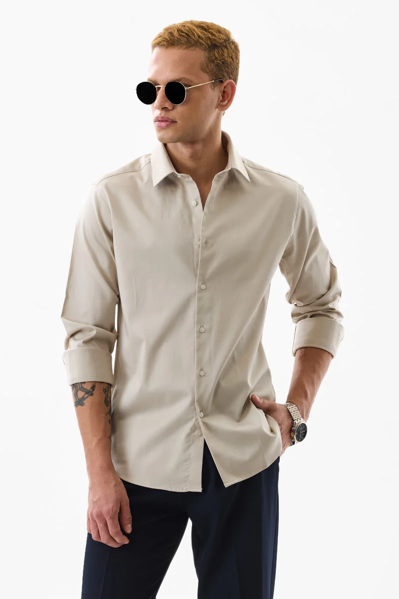 SNITCH Beige Plain Slim Fit Luxe Shirt