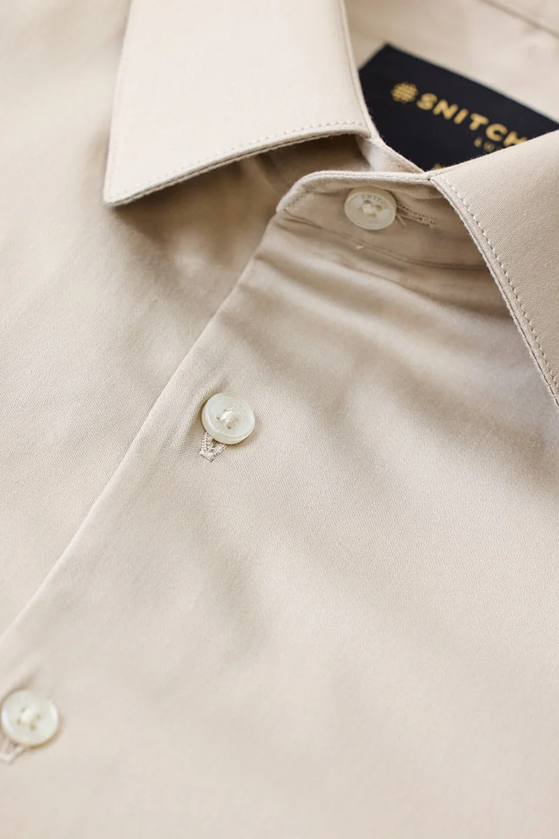 SNITCH Beige Plain Slim Fit Luxe Shirt