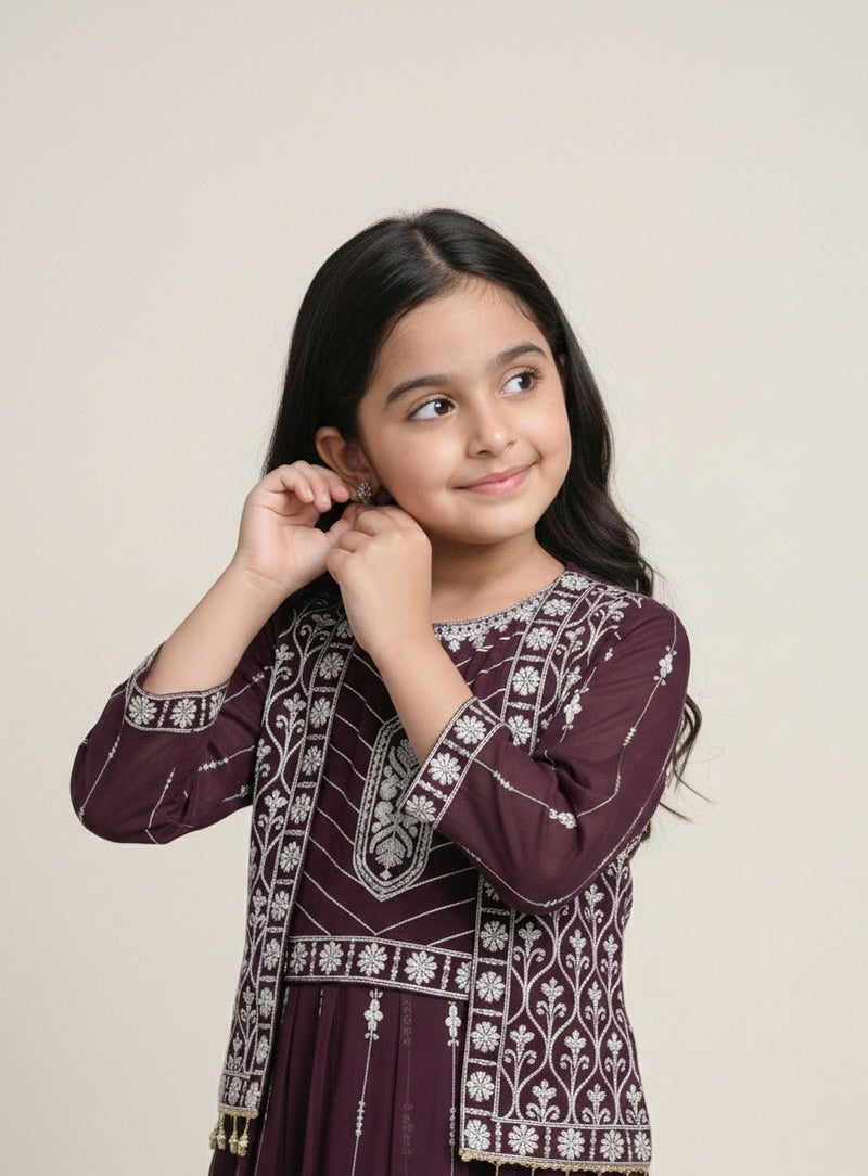 Lucky Kids فستان ماكسي مزخرف عرقي للفتيات مع سترة - فستان أناركالي بلون البرقوق الأرجواني مع تطريز خيوط فضية - Image 2