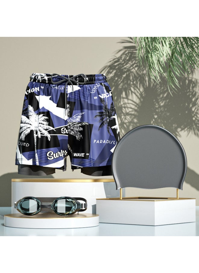 Generic - Mei Fanzhe Swimming Trunks Men's 2024 Anti-embarrassment Hot Spring Pants Swimming Cap Swimming Goggles Three-piece Set Of Swimming Equipment Full Set-Color:[caiye Yk] Double Layer Swimming Trunks- - Image 1