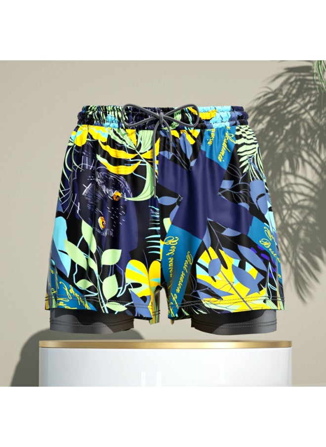 Generic - Mei Fanzhe Swimming Trunks Men's 2024 Anti-embarrassment Hot Spring Pants Swimming Cap Swimming Goggles Three-piece Set Of Swimming Equipment Full Set-Color:[caiye Yk] Double Layer Swimming Trunks- - Image 1