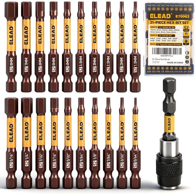 ELEAD Allen-Wrench Hex Drill Bit Set: 21PCS Durable Impact Allen Key Set, Long-Lasting Strong Magnetic Hex Screwdriver Bit Set, SAE & Metric Size, Mechanic Automotive Furniture DIY Home Repairs - Image 1