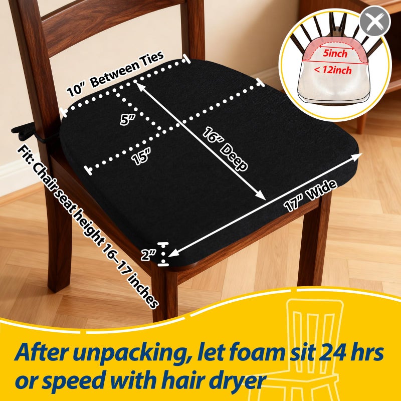 AAAAAcessories D-Shaped Chair Cushions, 2" Thick Dining Chair Pads with Ties and Removable, Machine-Washable Cover, 17" x 16", Set of 4, Black - Image 2