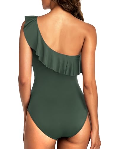 Hilor Women's Flattering One Piece Swimsuits Slimming One Shoulder Swimwear Flounce Bathing Suits Dark Army Green 16 - Image 5