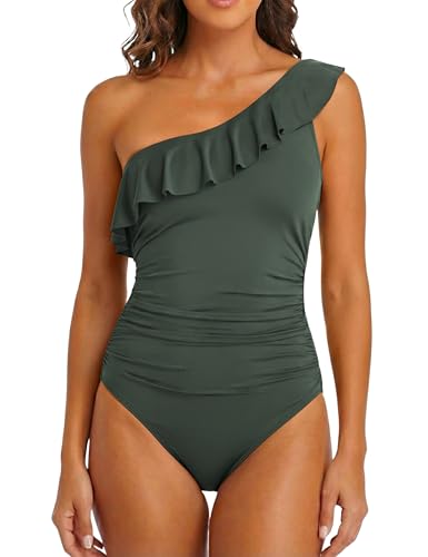 Hilor Women's Flattering One Piece Swimsuits Slimming One Shoulder Swimwear Flounce Bathing Suits Dark Army Green 16 - Image 4